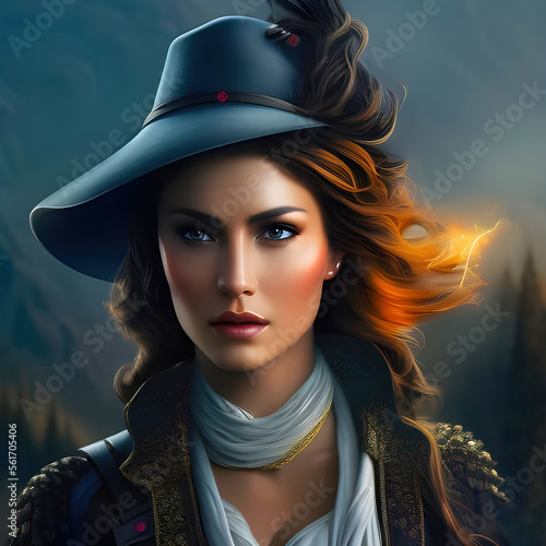 Cowgirl portrait illustration. It's a fictitious, false, artificial person. An original, high quality, digital graphical illustration, mixed media. Based on AI generated artwork, Generative AI photo