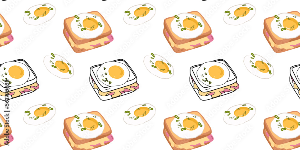 Seamless pattern with hot sandwich with egg, ham and cheese. Flat vector illustration Seamless pattern with hot sandwich with egg, ham and cheese. Flat vector illustration