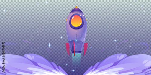 Space rocket launch, start of shuttle. Concept of project startup, business idea, boost development with spaceship flying up and smoke clouds on transparent background, vector cartoon illustration