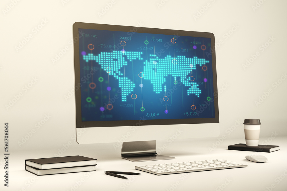 Abstract digital world map on modern computer monitor, big data and blockchain concept. 3D Rendering Abstract digital world map on modern computer monitor, big data and blockchain concept. 3D Rendering