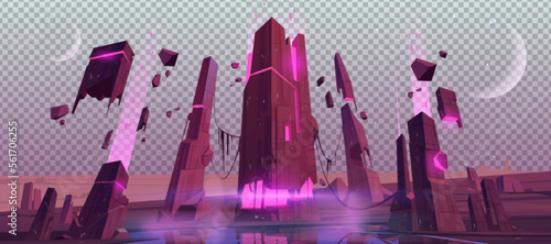Space game futuristic landscape of alien planet with ruins. Fantasy world with desert, fantastic broken buildings with neon light glow isolated on transparent background, vector cartoon illustration