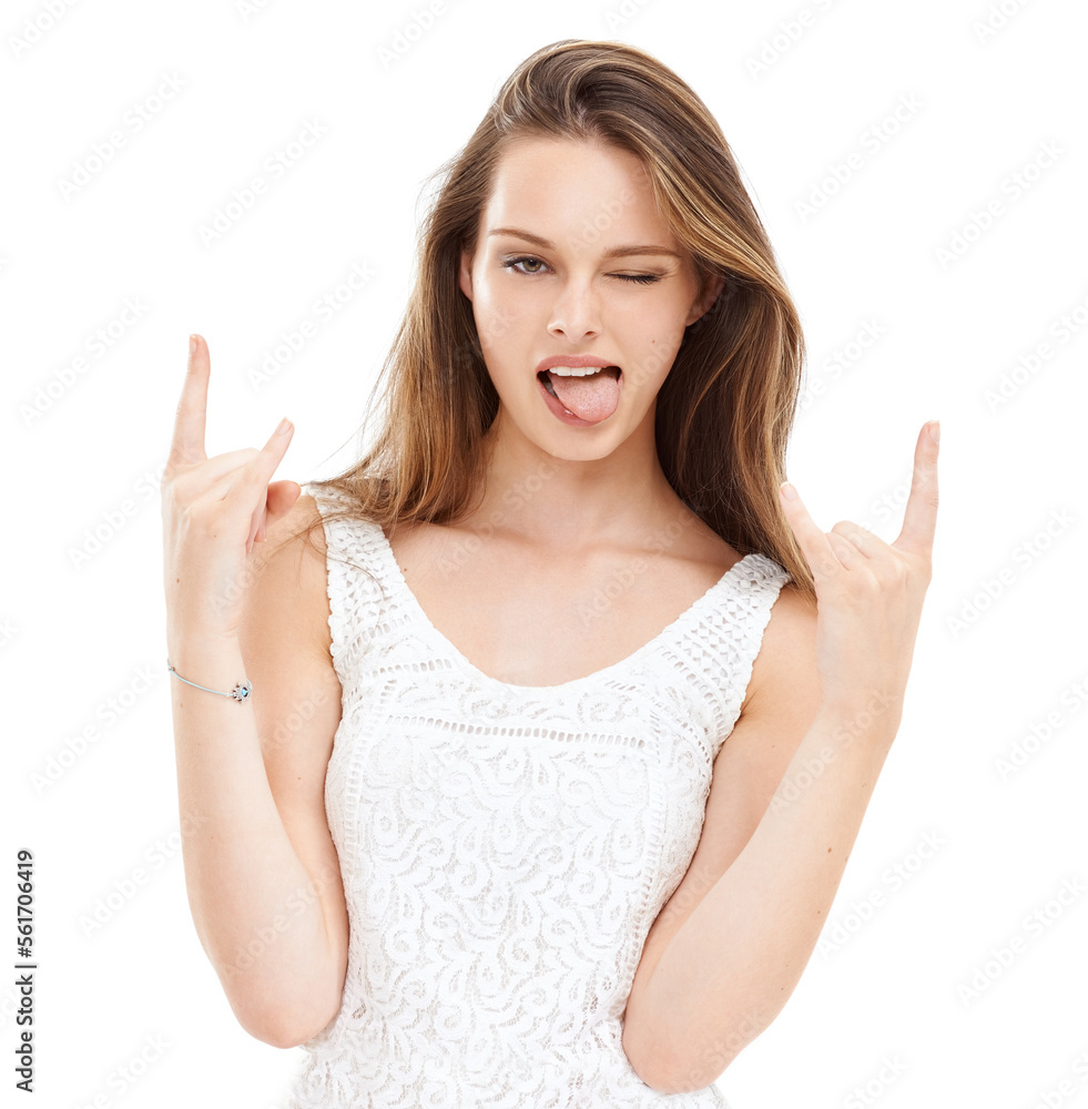 Tongue out, hands and woman with devil horns in studio for rock, punk or grunge gesture. Crazy, wink and portrait of young female model from Canada with a cool hand sign isolated by white background. Tongue out, hands and woman with devil horns in studio for rock, punk or grunge gesture. Crazy, wink and portrait of young female model from Canada with a cool hand sign isolated by white background.
