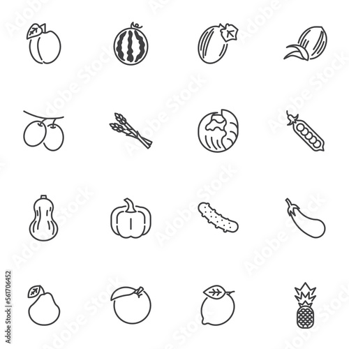 Fruit and vegetables line icons set