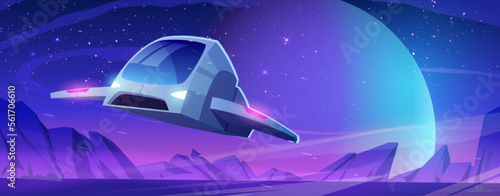 Spaceship flying above planet surface at night. Universe and galaxy exploration, future science concept with alien planet landscape and futuristic shuttle, vector cartoon illustration