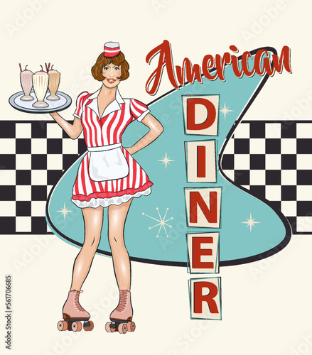 Vintage Diner metal sign in traditional American style with waitress on roller skates.