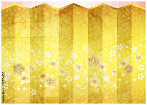 和紙風金の桜と麻の葉模様の金屏風背景ヨコ