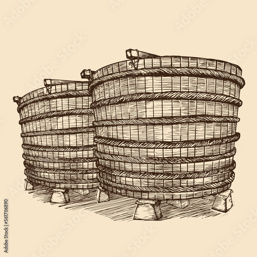 Factory fish sauce production facilities on Phu Quoc island hand drawn.