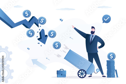 Proper monetary policy helps to cope with financial crisis. Financier, politician shoots money from cannon at falling chart. Smart investor makes profitable investments, money management.