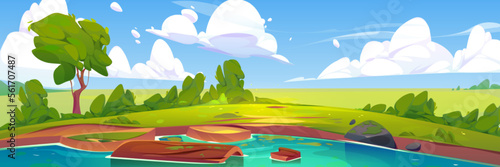 Nature scene with lake. Summer landscape with green trees, grass, bushes, pond and wooden log in water. Fields, river coast and clouds in sky, vector cartoon illustration