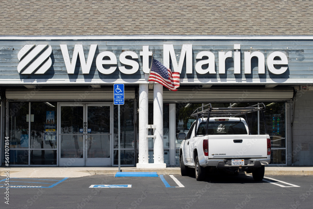 Los Angeles, CA, USA May 13, 2022 Front view of a West Marine store