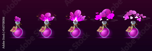 Potion bottle with puff cloud animation set isolated on background. Vector cartoon illustration of glass flasks with magic purple elixir, explosion or evaporation gas effect, question mark on label