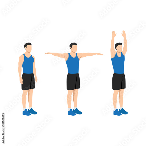 Man doing double arm side or lateral raises to overhead extension exercise. Flat vector illustration isolated on white background