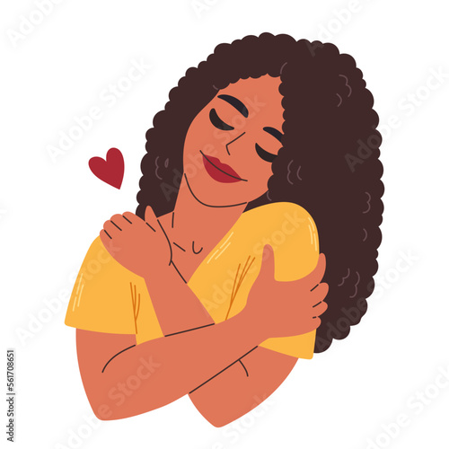 Love yourself. Black curly hair woman hugging herself with heart. Love your body concept. Vector illustration.