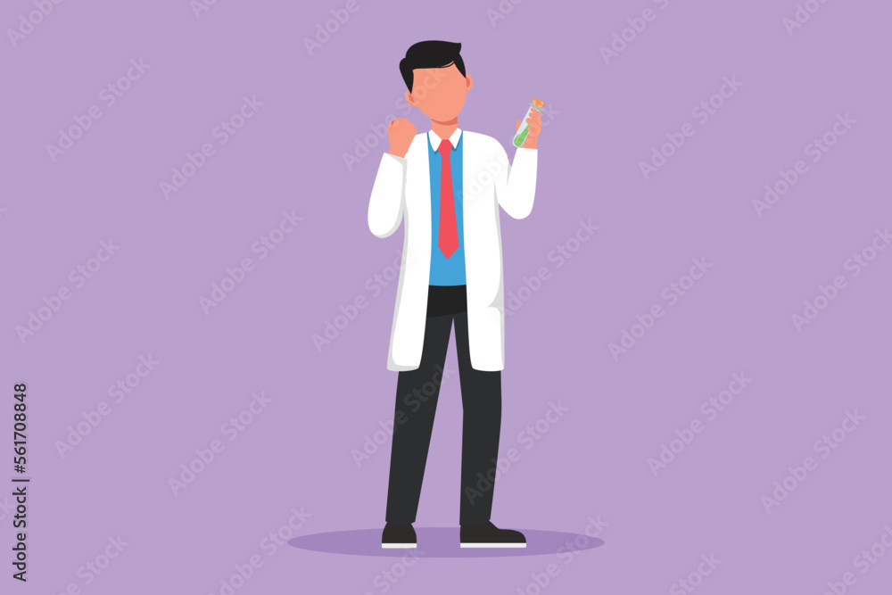 Cartoon flat style drawing male scientist standing with celebrate gesture and holding measuring tube filled with chemical liquid. Researching vaccine and pandemic. Graphic design vector illustration