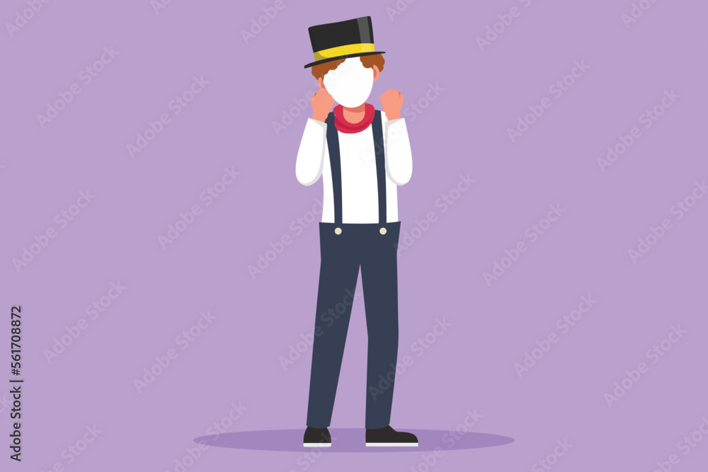 Cartoon flat style drawing mime artist stands with celebrate gesture and white make up face makes audience laugh with silent comedy. Entertainment worker on working. Graphic design vector illustration