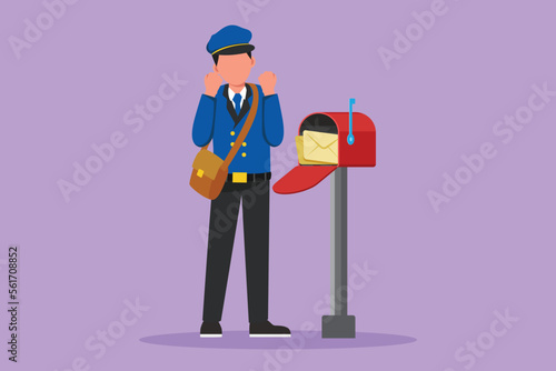 Character flat drawing of happy postman with celebrate gesture standing in hat, bag, uniform, holding an envelope. Working hard to delivering mail to home address. Cartoon design vector illustration