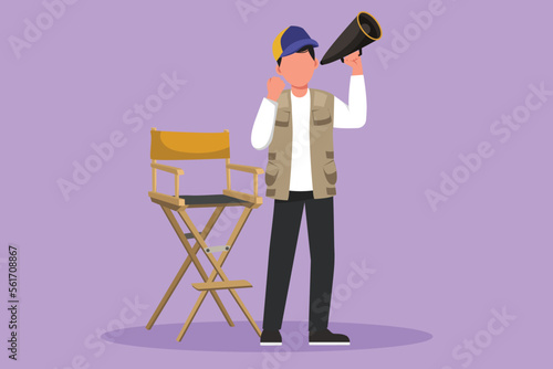 Graphic flat design drawing film director stands and holding megaphone with celebrate gesture while prepare camera crew for shooting action film. Creative industry. Cartoon style vector illustration