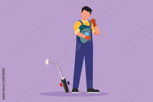 Character flat drawing male welder standing with celebrate gesture and holding face shield ready to work in his iron workshop. Manufacturing worker with metalwork. Cartoon design vector illustration