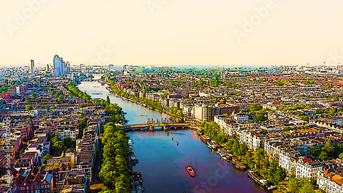Amsterdam, Netherlands. Flying over the city rooftops. Amstel River. Bright cartoon style illustration. Aerial view