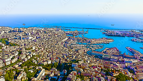 Genoa, Italy. Central part of the city. General panorama of the city with the port. Bright cartoon style illustration. Aerial view © nikitamaykov
