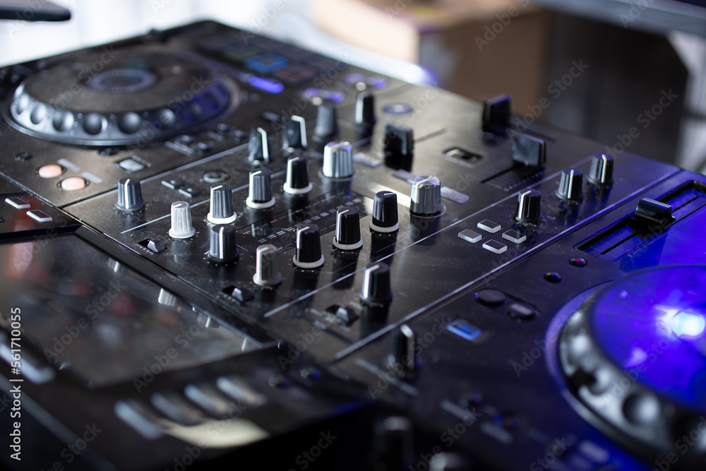 A view of DJ turntable equipment. A view of DJ turntable equipment.