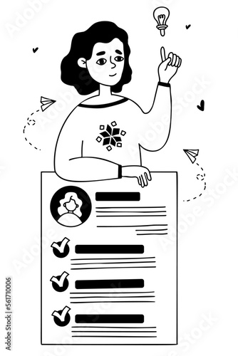 Woman looking for job. Presentation with resume. Vector illustration. hand drawing doodle. Job search and business woman concept.