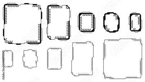 Set of tech frames isolated on white background. Hud frame with pcb elements. Design element.