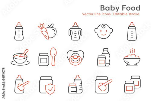Baby food outline icons, such as spoon, jar, powder, porridge and more. Editable stroke.
