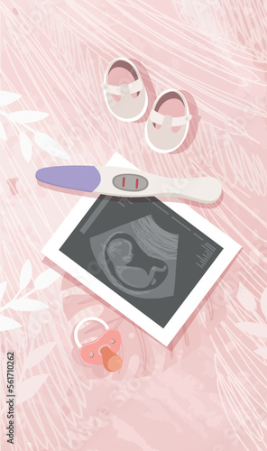 A positive pregnancy test and an ultrasound picture of a baby, a nipple on a pink background. Parenthood concept, birth expectations, card for social media stories. Modern vector illustration.