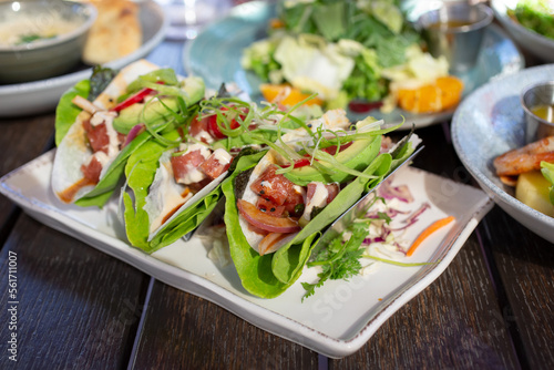 A view of a plate of ahi tacos.