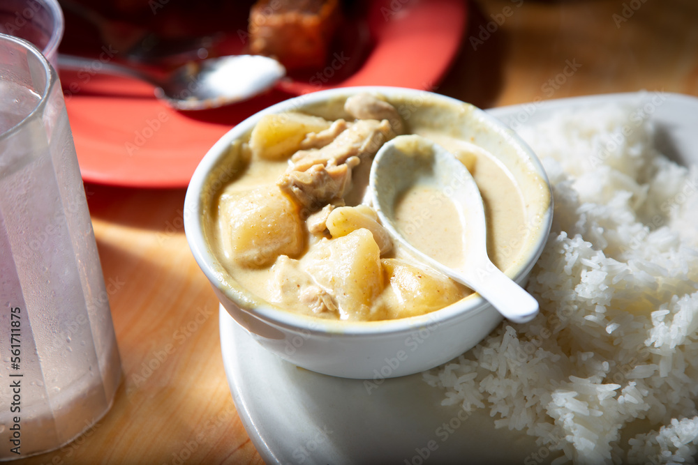 A view of a bowl of yellow curry, with a side of rice.