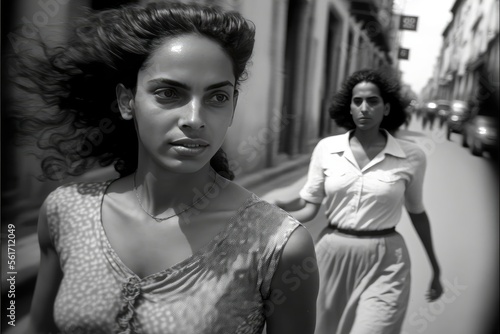 young woman walking in Havana in 1967. monochromatic vintage. This image was created with generative AI