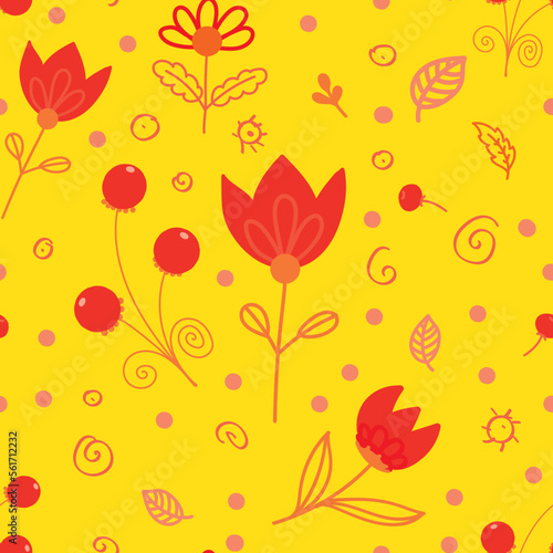 Vector seamless pattern with flowers  berries and leaves.