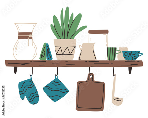 A kitchen shelf with kitchenware flat vector illustration. Chemex, cups for coffee, pitcher for milk and untensil for cooking. Interior of a kitchen room.