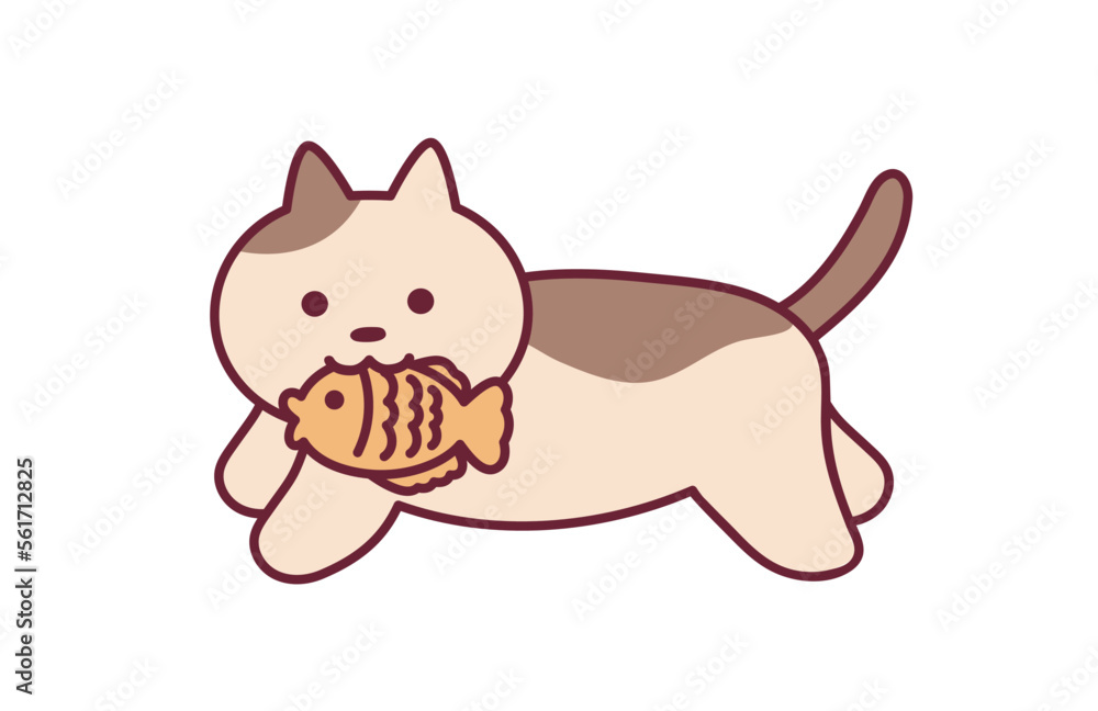 A cute cat stole taiyaki and is running away. A cute cat stole taiyaki and is running away.
