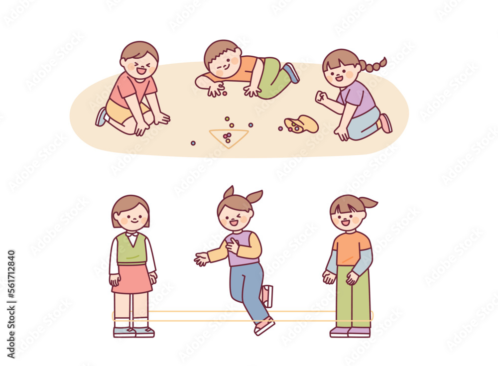 Korean chidhood game. Children are playing marbles and jumping with rubber bands. Korean chidhood game. Children are playing marbles and jumping with rubber bands.