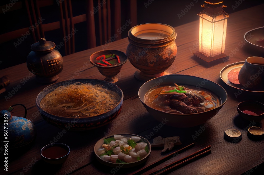 Lunar Chinese New Year Dinner Noodles Fish Dumplings Steamed Buns Hot Pot Feast Celebration Background Image