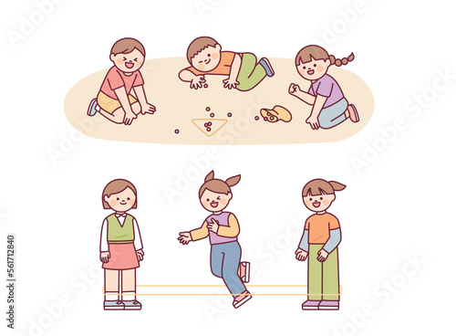 Korean chidhood game. Children are playing marbles and jumping with rubber bands.