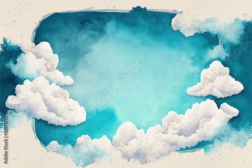 Cotton cloud sky watercolor blue green background