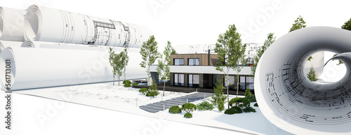 Fotografering Bauplanung eines energieeffizienten Einfamilienhauses mit Dachterrasse und Swimm