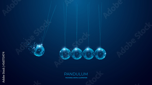 Pendulum Newton Cradle or Balancing Balls. Polygon digital isolated vector image on dark background. Technology science concept. EPS10.