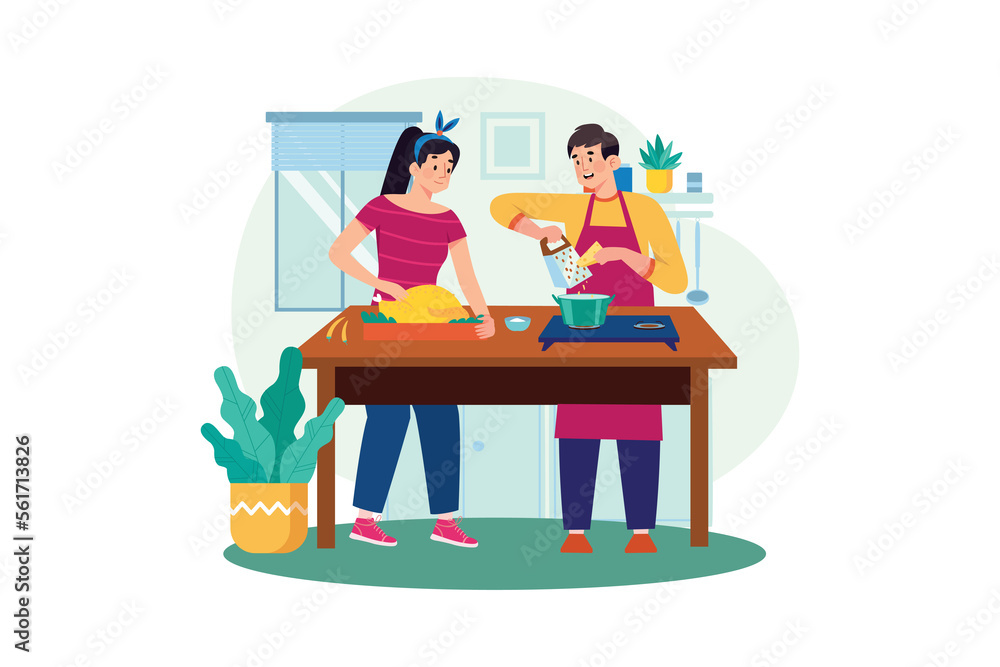 The couple is cooking together