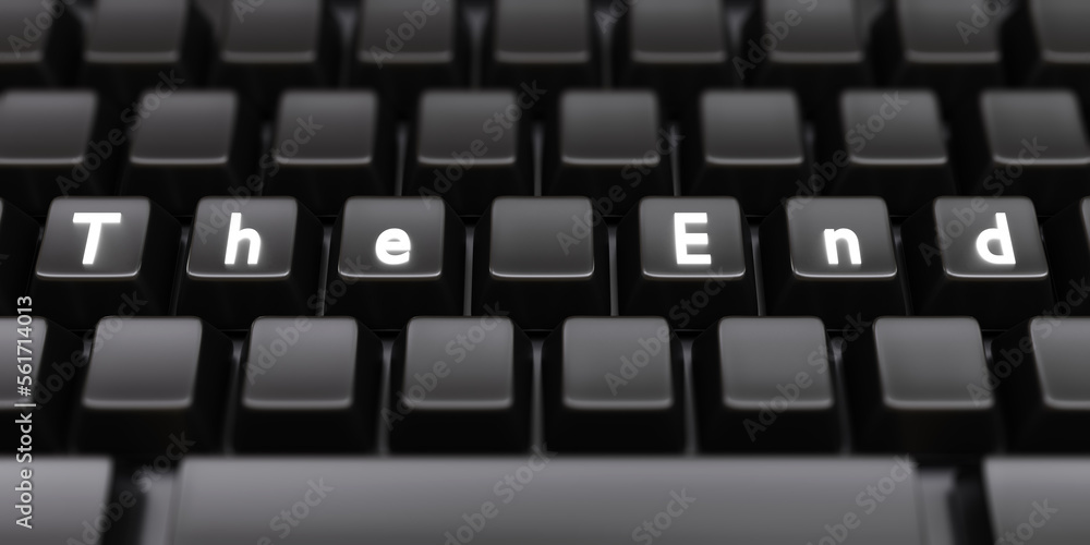 THE END white letter text on black computer laptop keyboard background. Stopping. 3d render THE END white letter text on black computer laptop keyboard background. Stopping. 3d render