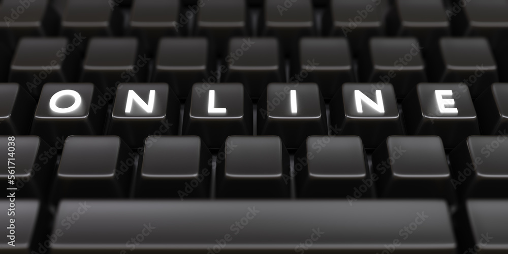 ONLINE white letter text on black computer laptop keyboard background. Sale job education. 3d render ONLINE white letter text on black computer laptop keyboard background. Sale job education. 3d render