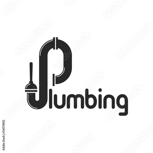 Plumbing logo word, the letter P stylized as a sewer pipeline is cleaned with a plunger.