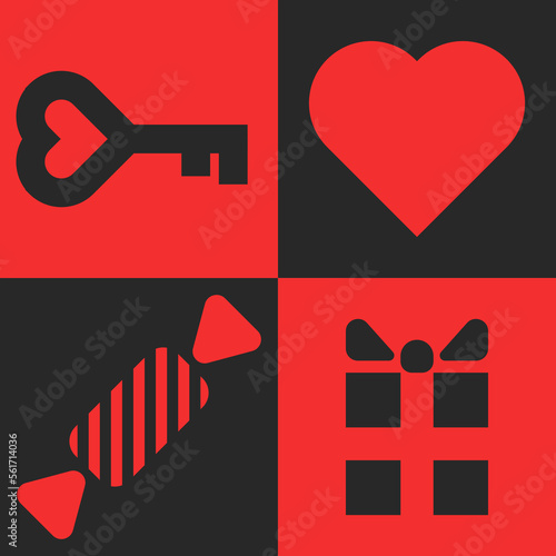 Creative love feeling symbols heart shape, key, candy, gift box composition for Valentines Day card on the red and black background, creative print or sticker design.