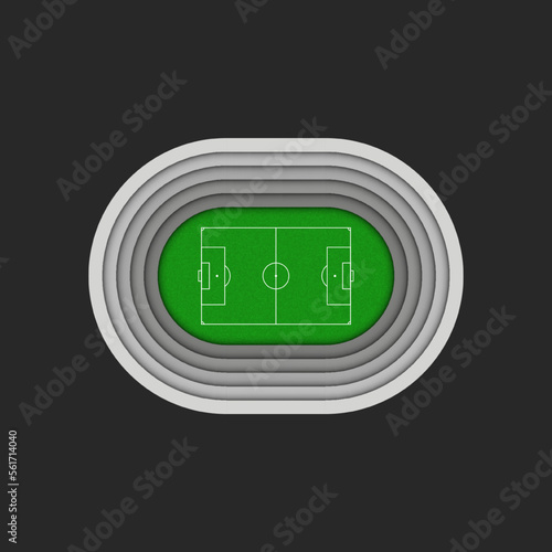 3d Football stadium miniatures oval shape top view, sports facility with multi - tiered stands and a green grassy field.
