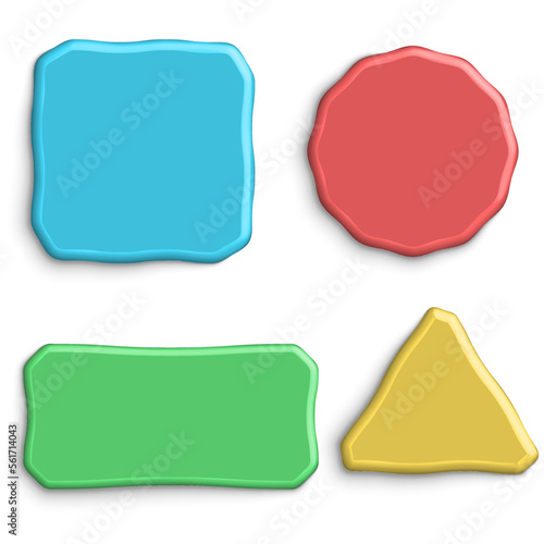 Simple geometric shapes from plasticine or clay isolated on white background. Blank information panels 3d mockup, nameplate with shadows of circle, square, triangle, rectangle forms.
