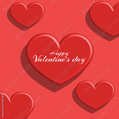 Many 3d heart random pattern with Happy Valentines Day text on the red background, creative love poster holiday greeting card mockup.