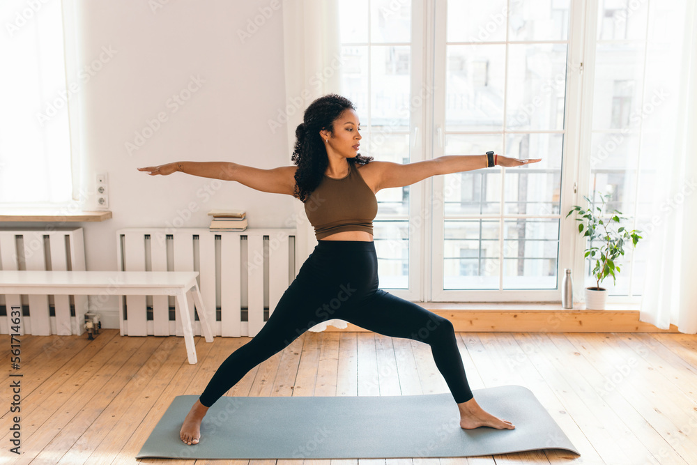 Pregnant woman doing prenatal yoga at home, standing in warrior posture on mat in her living-room against big window, outstretching hands, wearing smart watch to control pulse, heart rate and calories Pregnant woman doing prenatal yoga at home, standing in warrior posture on mat in her living-room against big window, outstretching hands, wearing smart watch to control pulse, heart rate and calories